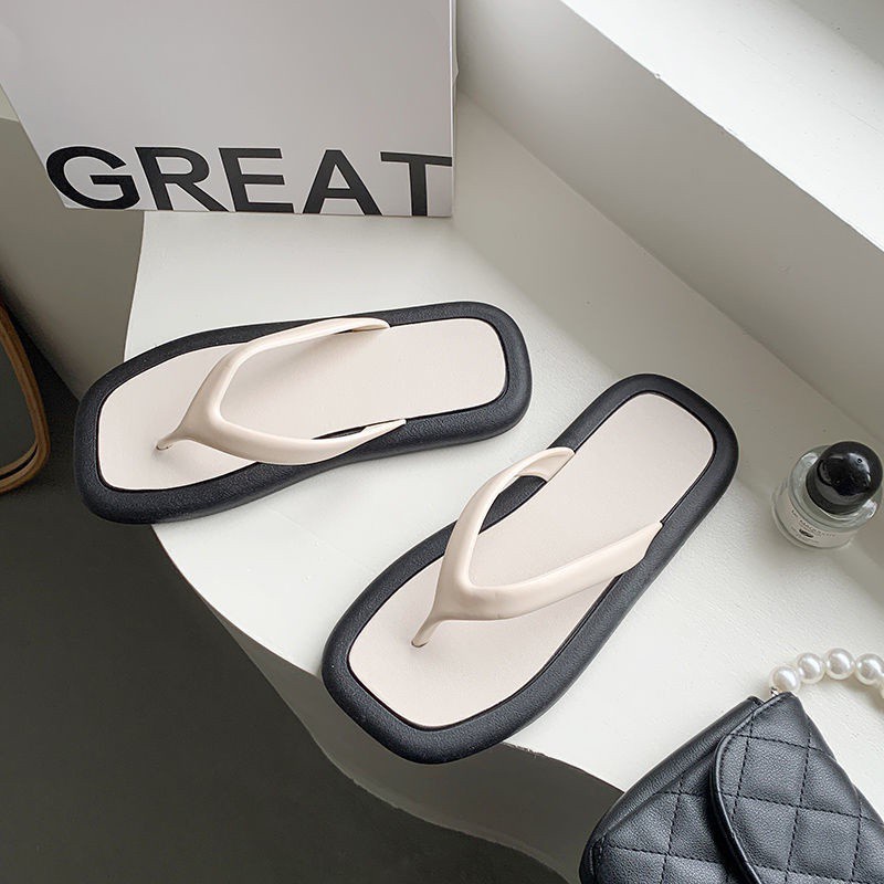Oeggeo shop Giày Sandal Hai Màu Mũi Vuông Đế Bệt Đi Biển Cho Nữ