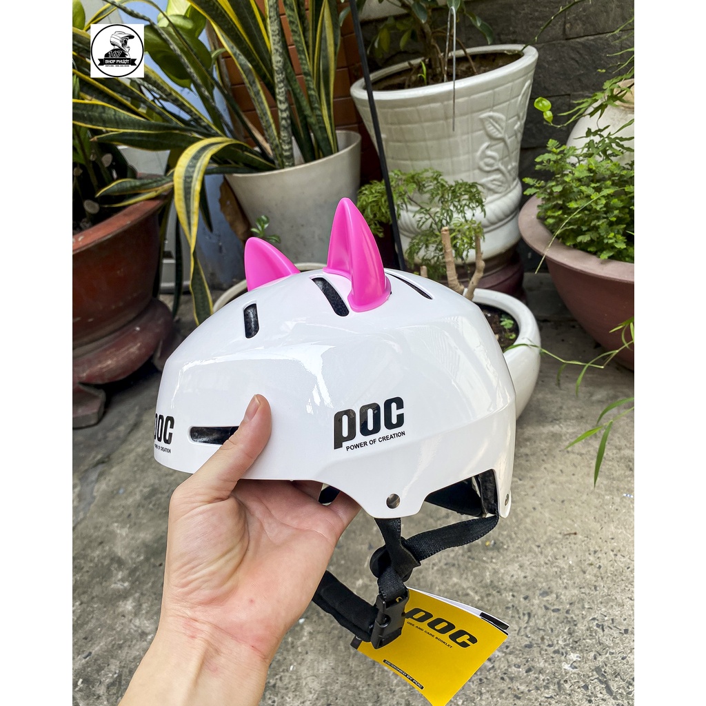 NÓN THỂ THAO POC P05 MÀU TRẮNG BÓNG GẮN TAI MÈO HỒNG CỰC KUTE