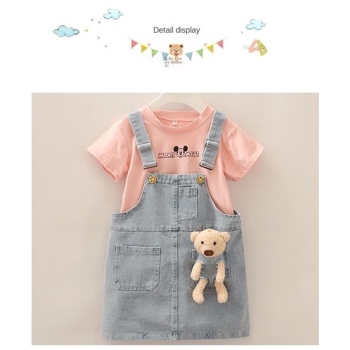 Set Đồ Mùa Hè 2 Món Gồm Áo Thun Tay Cộc In Hình Gấu Kèm Váy Yếm denim Phong Cách Hàn Quốc Mới Cho Bé Gái