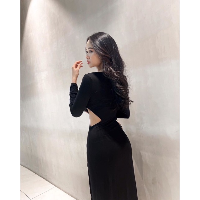 Đầm body dài tay xẻ tà CÓ MÚT khoét eo dáng dài sexy sang chảnh alohashop91