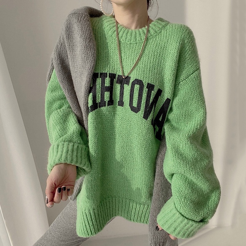 Porozi  Áo sweater nữ cổ tròn dáng rộng in chữ kiểu Hàn Quốc