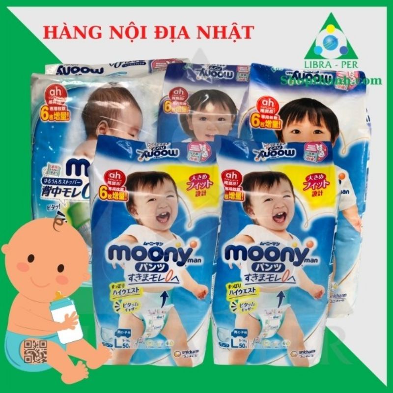 Bỉm dán/quần Moony NB90/S84/M64/L54/XL44/M58/L44/XL38/XXL26
