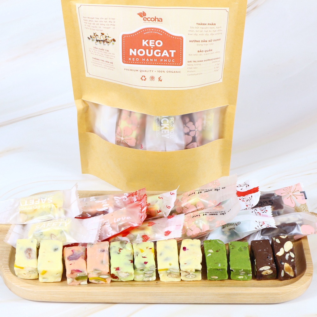 Kẹo nougat, kẹo hạnh phúc mix 6 vị nhiều hạt mềm dẻo thơm ngon, đồ ăn vặt ăn kiêng ECOHA