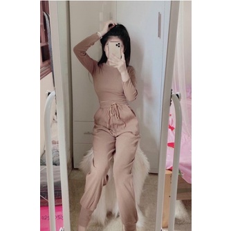 TBL-Set bộ thể thao áo tay dài croptop quần ống bo thun cực mịn đỏ đen nude cam xám