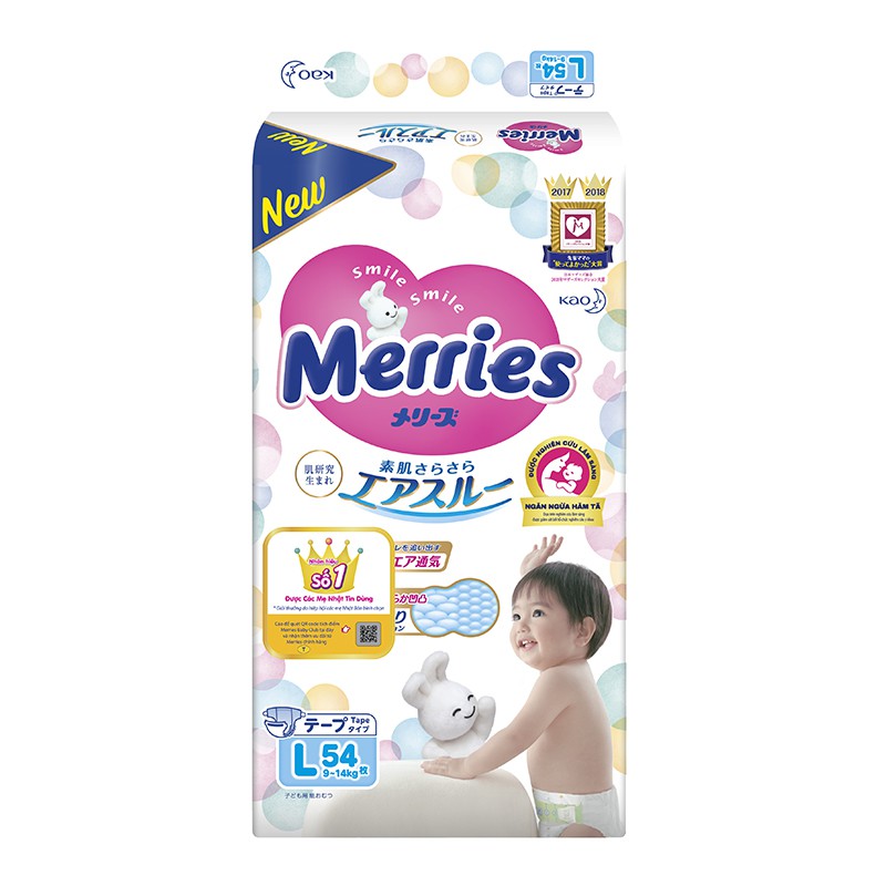 Tã dán Merries Nhật Bản size Newborn/S82/M64/L54/XL44 - 1 bịch