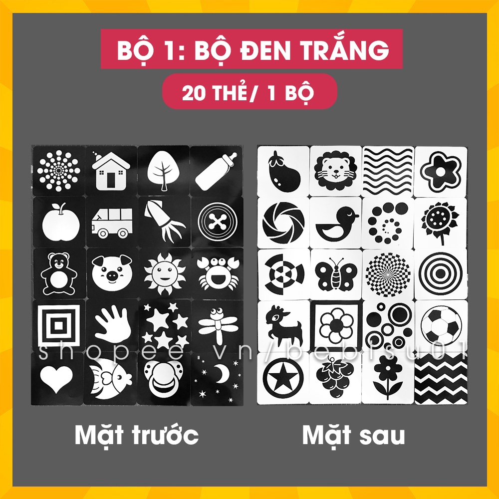 Bộ 20 thẻ kích thích thị giác, kích thích não phải cho bé từ 0 tới 36 tháng | Khổ 21x21cm | In 2 mặt chống thấm nước