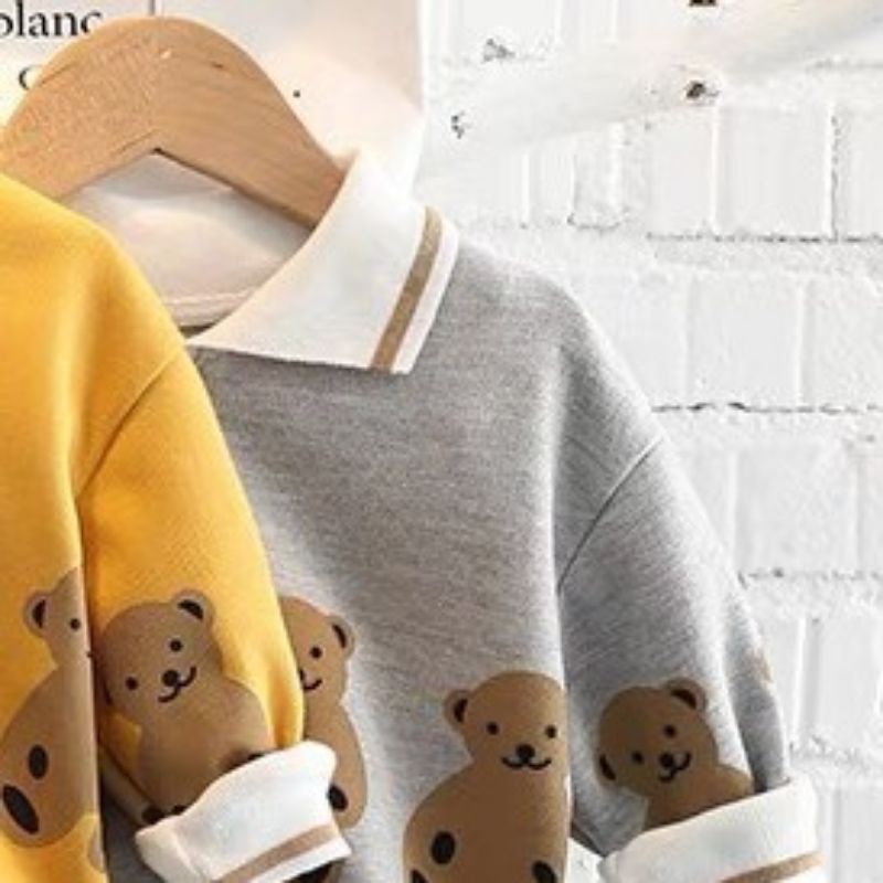 Bộ nỉ cho bé in hình chú gấu Đồ bộ thu đông dài tay bé trai, bé gái phối viền cá tính 1 2 3 4 5 6 tuổi