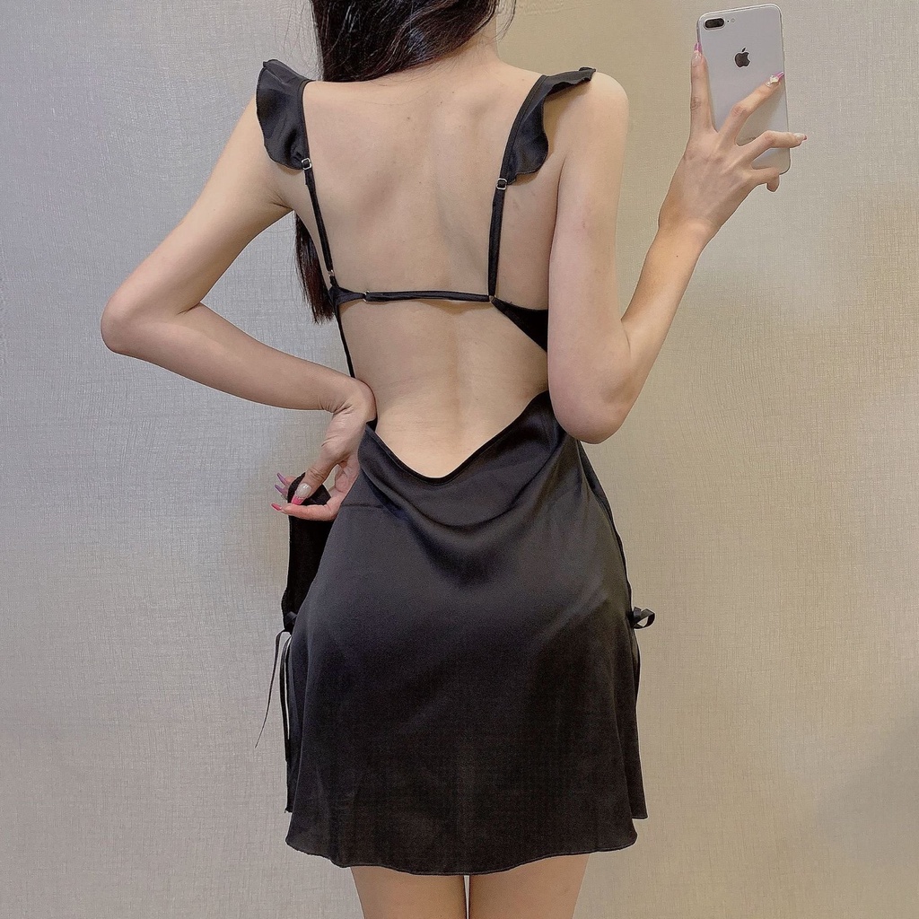 Váy ngủ có đệm ngực sexy lụa dây cánh tiên xẻ hông cao cấp Đầm mặc nhà gợi cảm quyến rũ