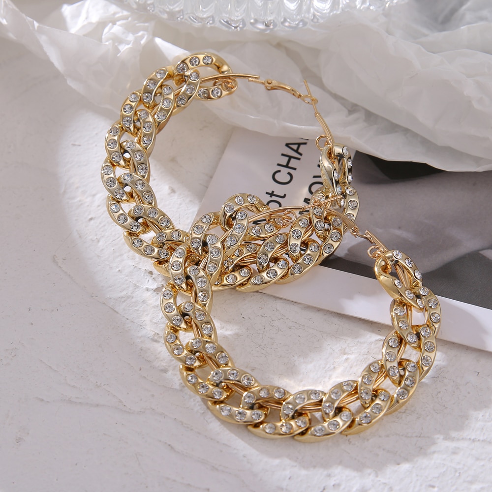 New Punk Crystal Oversize Big Chain Hoop Earrings For Women Exaggerated Geometric Circle Gold Silver Color Mixed Earring Jewelry