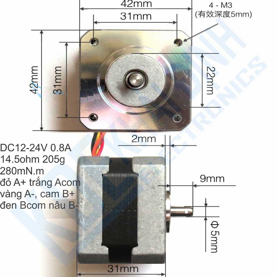 động cơ bước 42mm 12-24V ,0,8A, 1,8độ kde2623