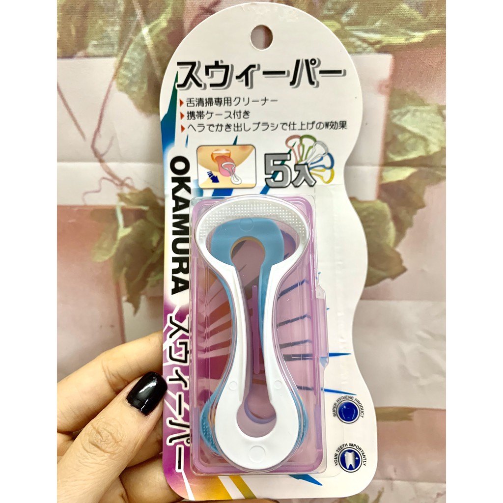 Dụng cụ vệ sinh lưỡi Okamura Nhật Bản 5 cái/ vĩ ( 5 màu- Hàng Chuẩn có hộp đựng )