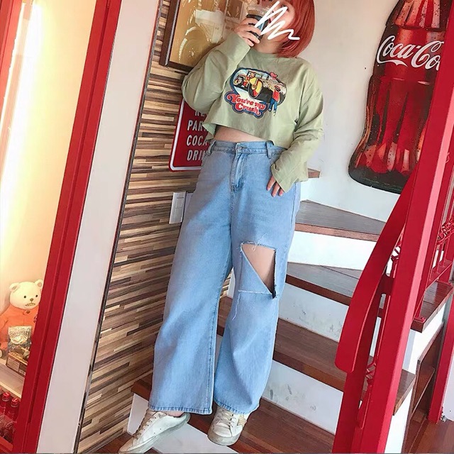 [Bigsize 55-84kg] Quần Ống Rộng Rách Đùi L, Lưng Cao, Không Giãn, 2 Màu Đậm Nhạt