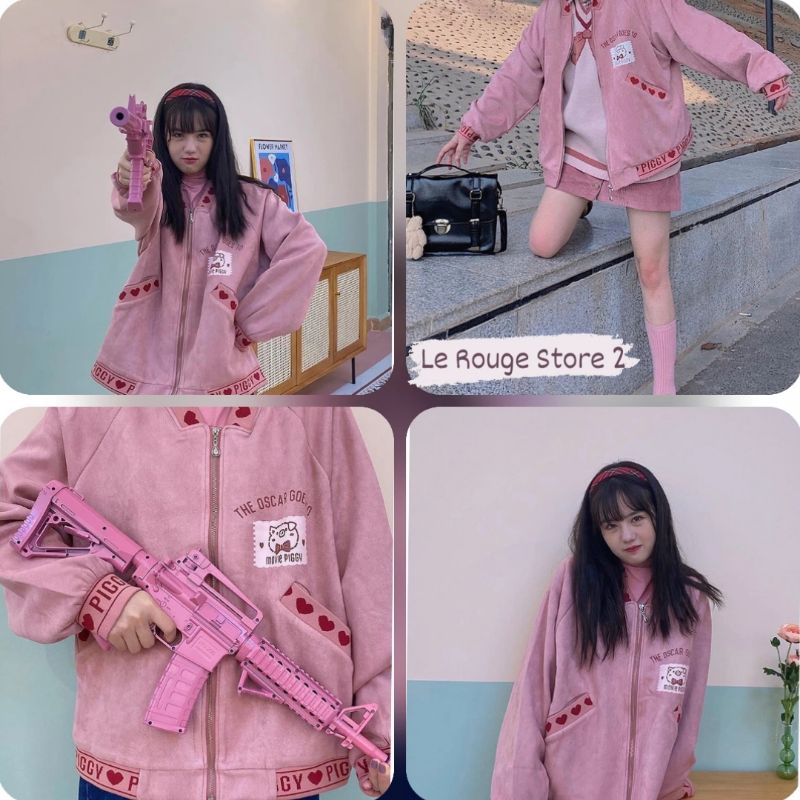 Áo khoác bomber màu hồng in hình trái tim đáng yêu chất da lộn ulzzang style có size dáng ngắn