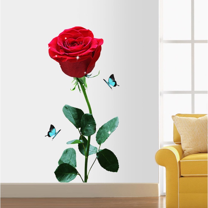 Decal giấy dán tường - mẫu Hoa Hông gai sắc đỏ rực rỡ