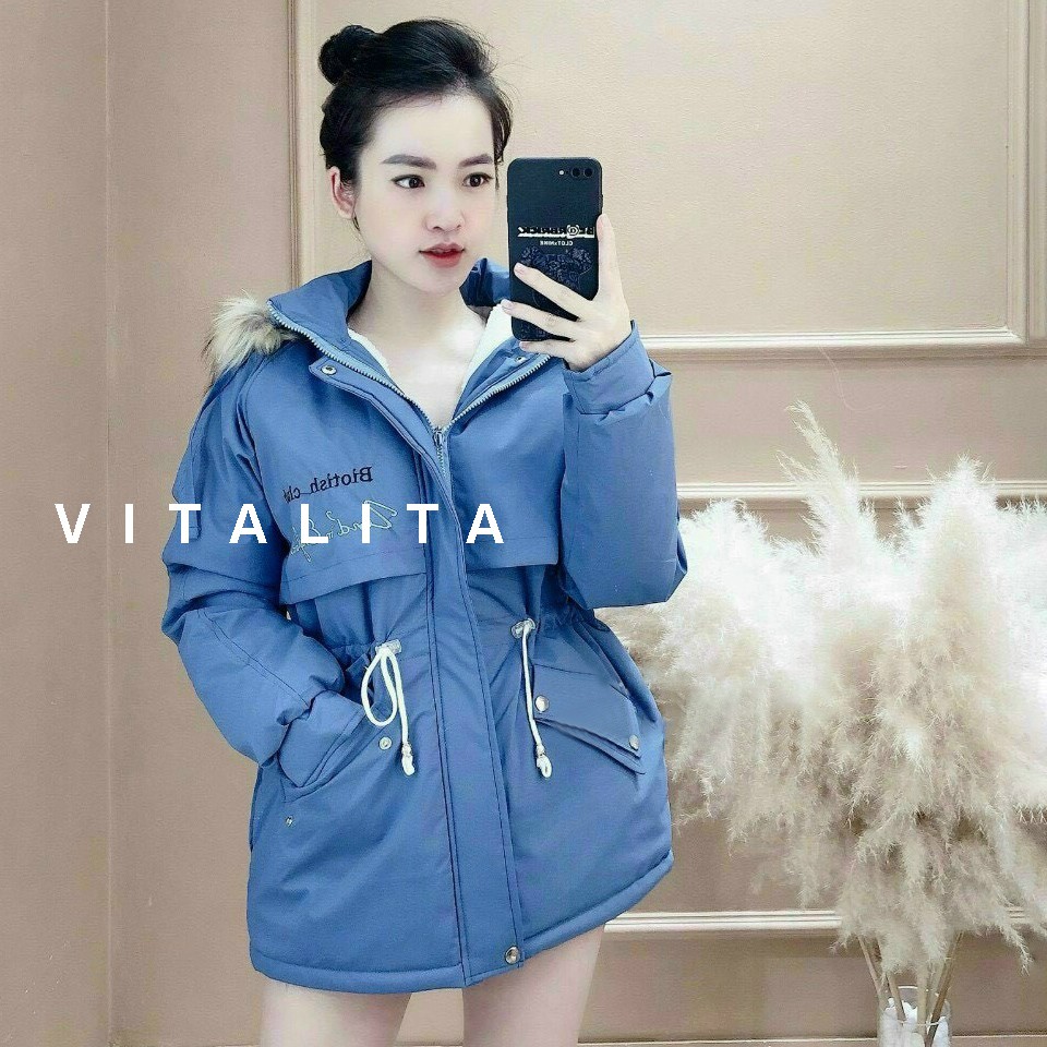 Áo Parka nữ có lớp lót lông giữ nhiệt chất liệu phao Kaki có mũ lông - Áo khoác đại hàn mặc cực ấm | BigBuy360 - bigbuy360.vn