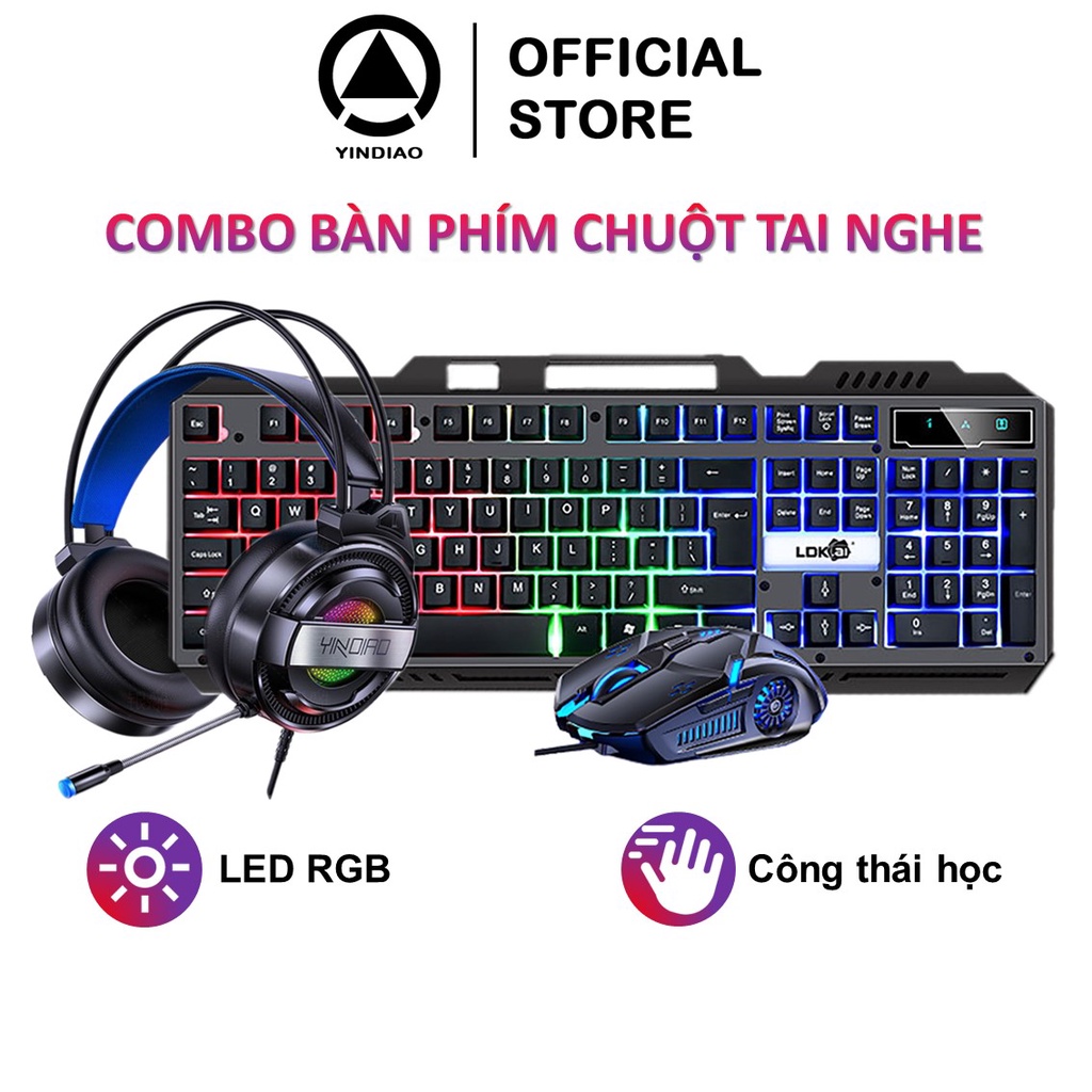 Combo bàn phím máy tính gaming RGB YINDIAO RK300 | Chuột G5 gaming | Tai nghe gaming Q3 đèn led RGB nhiều màu sắc