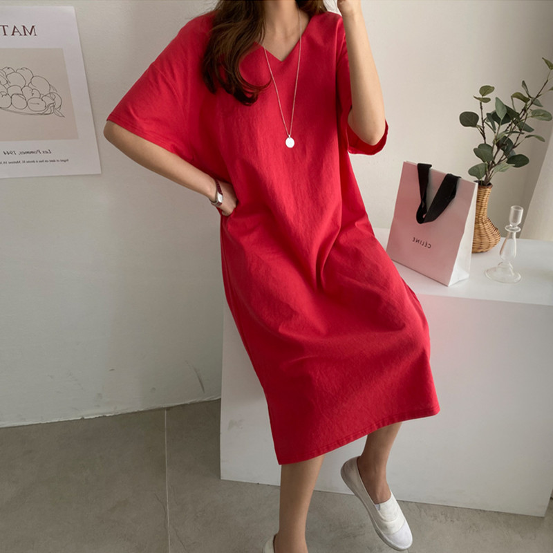 Váy liền Vải lanh Cotton cỡ lớn dáng rộng váy xẻ tà bất thường kiểu vừa và dài Váy vải lanh cổ chữ V ngắn tay giản dị