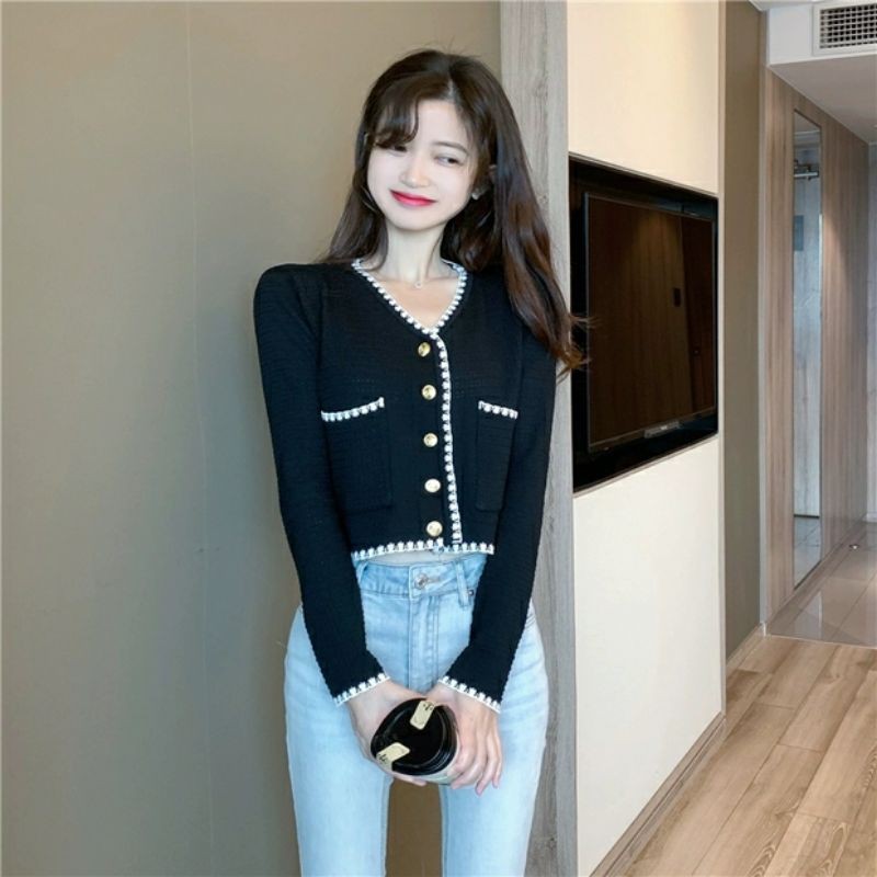 Áo khoác cardigan thun len cổ tim phong cách hàn quốc 2021