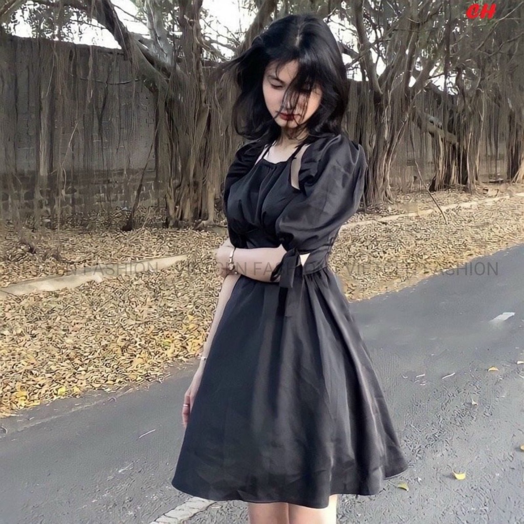 Váy Cổ Yếm Nữ Dáng Xòe Đầm Trễ Vai Tiểu Thư Vintage 2 Màu Đen TrắngUlzzang Dễ Thương  - VIETCEN