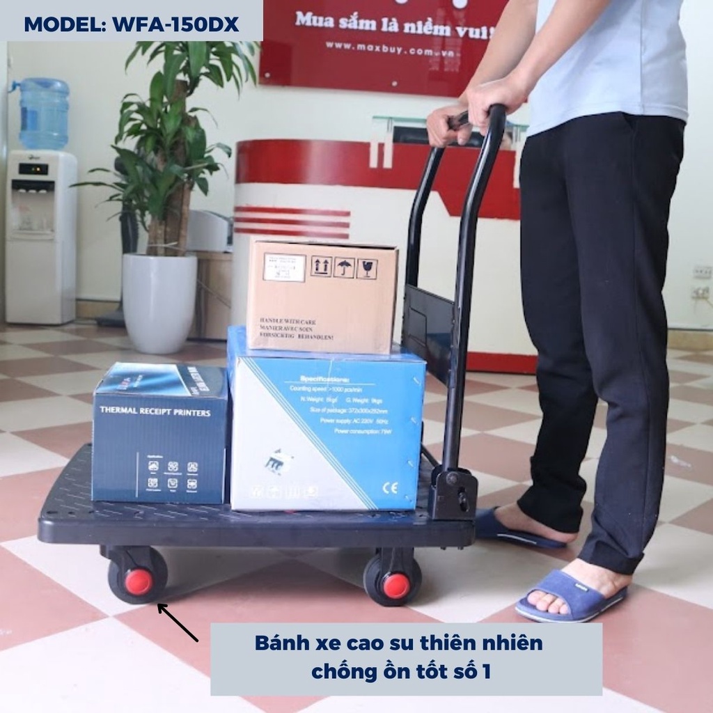 Xe đẩy hàng kéo hàng 4 bánh chống ồn sàn nhựa tay cầm thép 150kg Nikawa , bảo hành 18 tháng, hỏa tốc HN WFA-150DX MAXBUY