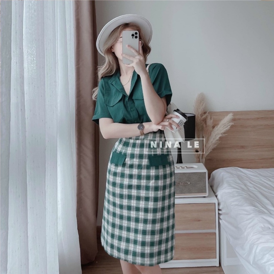 Sét váy công sở và dự tiệc caro màu xanh kèm áo sơ mi Linhnastore