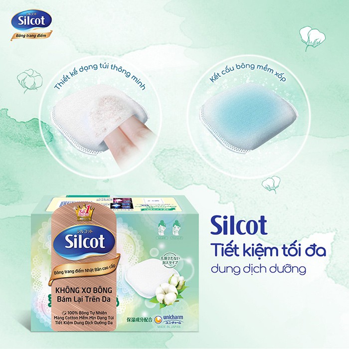 Bông tẩy trang Silcot Nhật Bản Hộp 82 miếng/66 miếng cao cấp xanh lá - Silcot Unicharm [siêu rẻ] tẩy sạch sâu