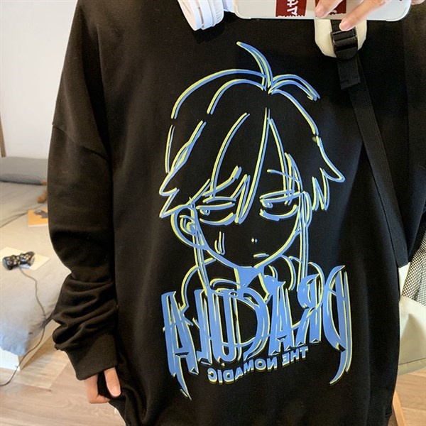 Áo Sweater Cổ Tròn Lót Nhung Dáng Rộng In Họa Tiết Hoạt Hình Thời Trang Cho Nam Size M-5XL