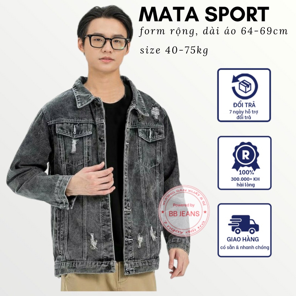 Áo khoác jean nam nữ VAST xám cắt rách và xám trơn CC form rộng size 40-75kg dài áo 64-68cm tại Mata Sport