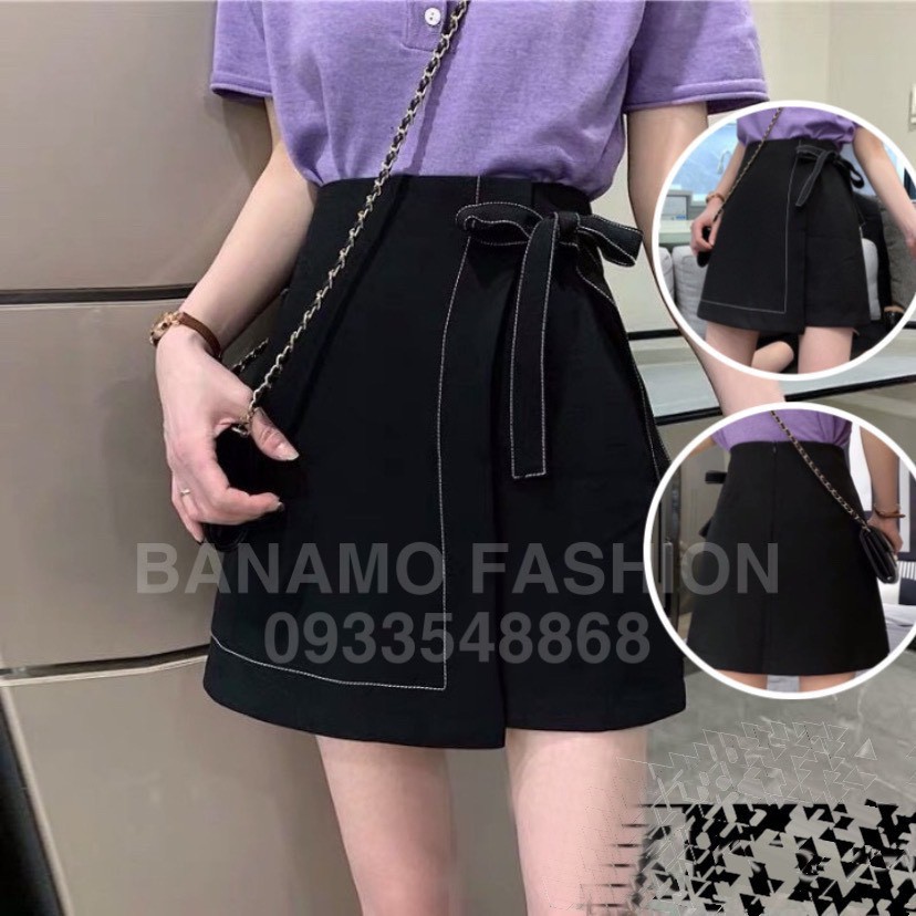 Chân váy chữ A cạp cao trơn chỉ nổi có nơ buộc Chân váy chữ A ngắn Hàng may kĩ có quần lót cao cấp Banamo Fashion 5317