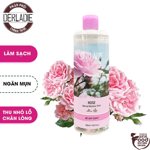 Nước Hoa Hồng Ngăn Ngừa Mụn, Thu Nhỏ Lỗ Chân Lông Chiết Xuất Hoa Hồng Derladie Natural Moisture Toner #Rose 500ml