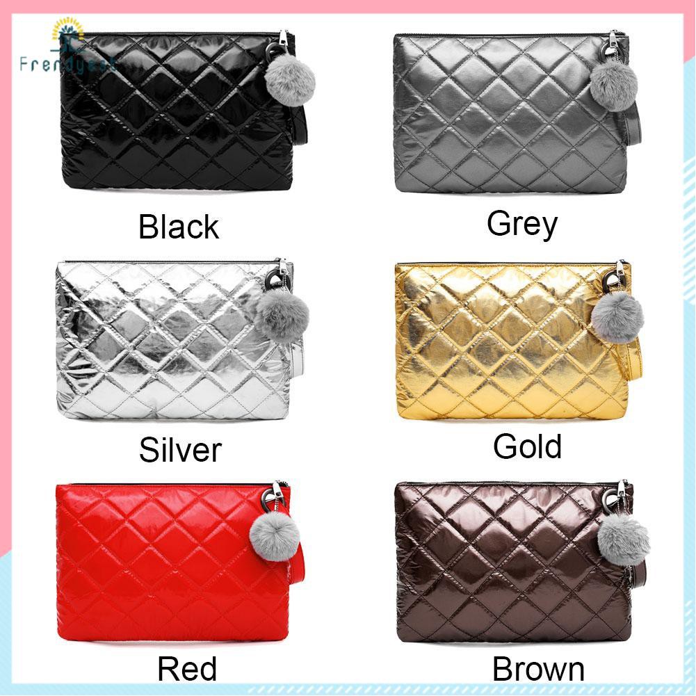 [frendyest]Fashion Women Handbag Solid Color Money Purse Pompom Zipper Clutch Bags 