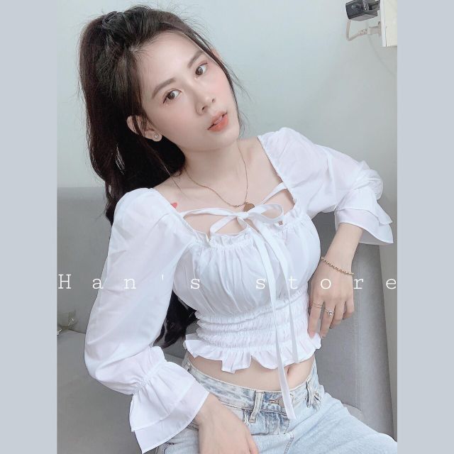 Áo trắng bo eo cột ngực