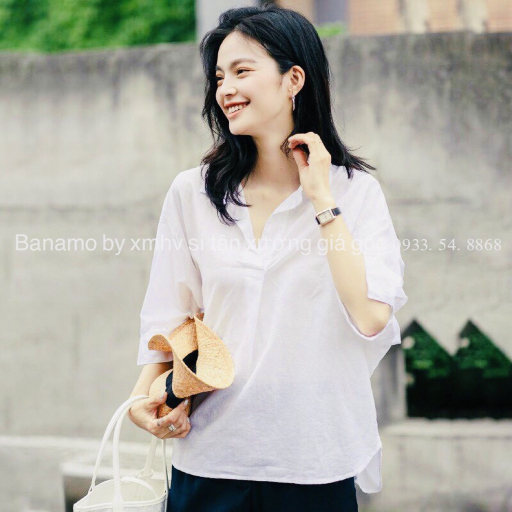 Áo sơ mi nữ tay lỡ cổ V siêu hot hàng thiết kế chuẩn from thời trang Banamo Fashion 3917