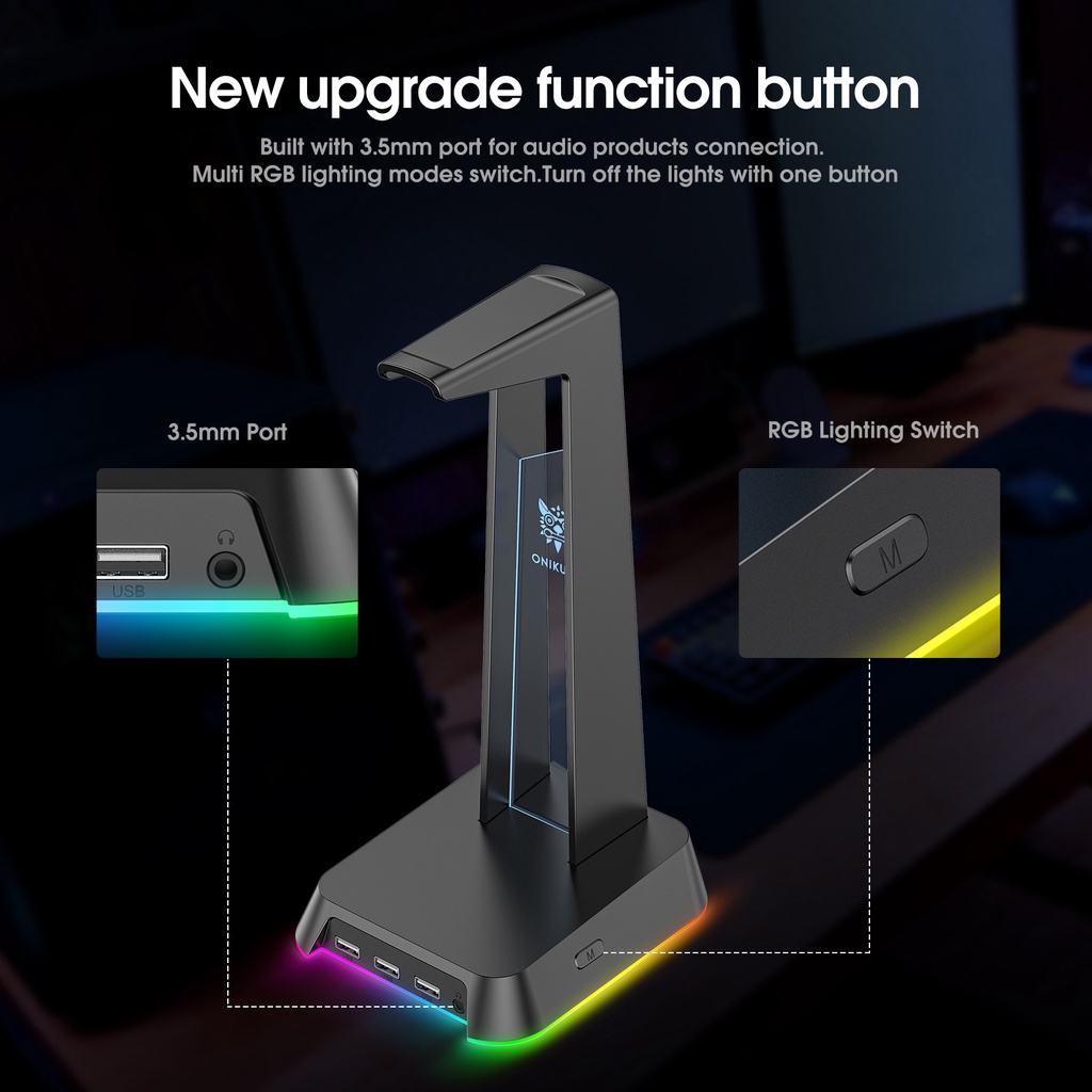 Chân đế tai nghe chơi game onikuma st2 rgb, chân đế màn hình để bàn, dấu hiệu được chiếu sáng với 3 cổng usb và 3,5 mm aux