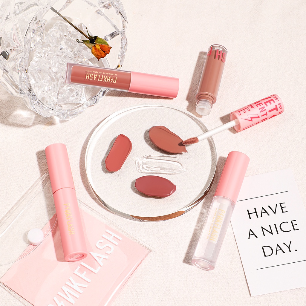 PINKFLASH Bộ Son Kem Dưỡng Ẩm Lâu Trôi Màu Hồng với  Túi PVC Trong Suốt 150g/5PCS