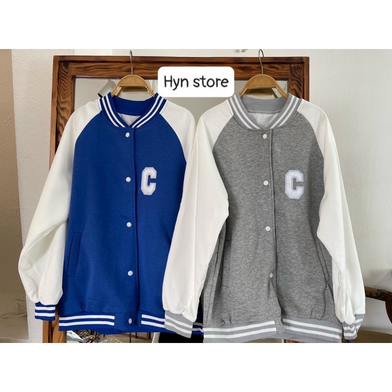 Áo khoác bomber chữ C tay phối oversize from rộng nam nữ đều mặc được kèm ảnh thật