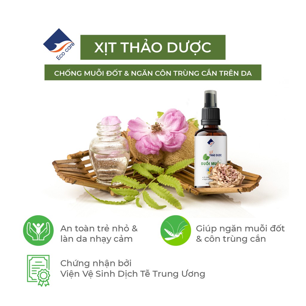 Xịt thảo dược chống muỗi đốt Ecocare 50ml, thành phần 100% tự nhiên, ngăn côn trùng và muỗi cắn an toàn