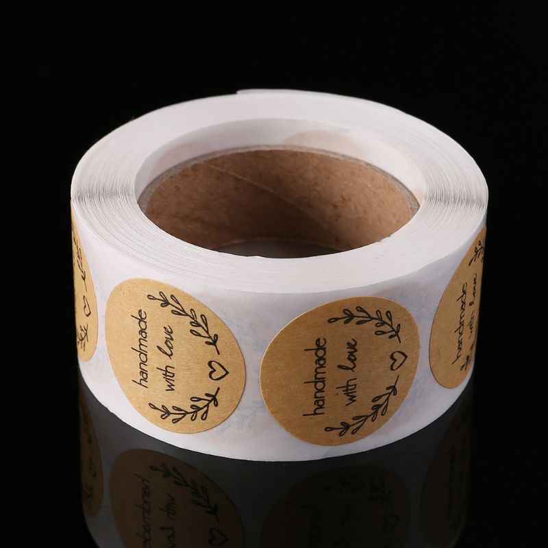 500 Miếng dán giấy kraft in chữ "handmade with love" dùng để trang trí sổ tay/ tiệc cưới
