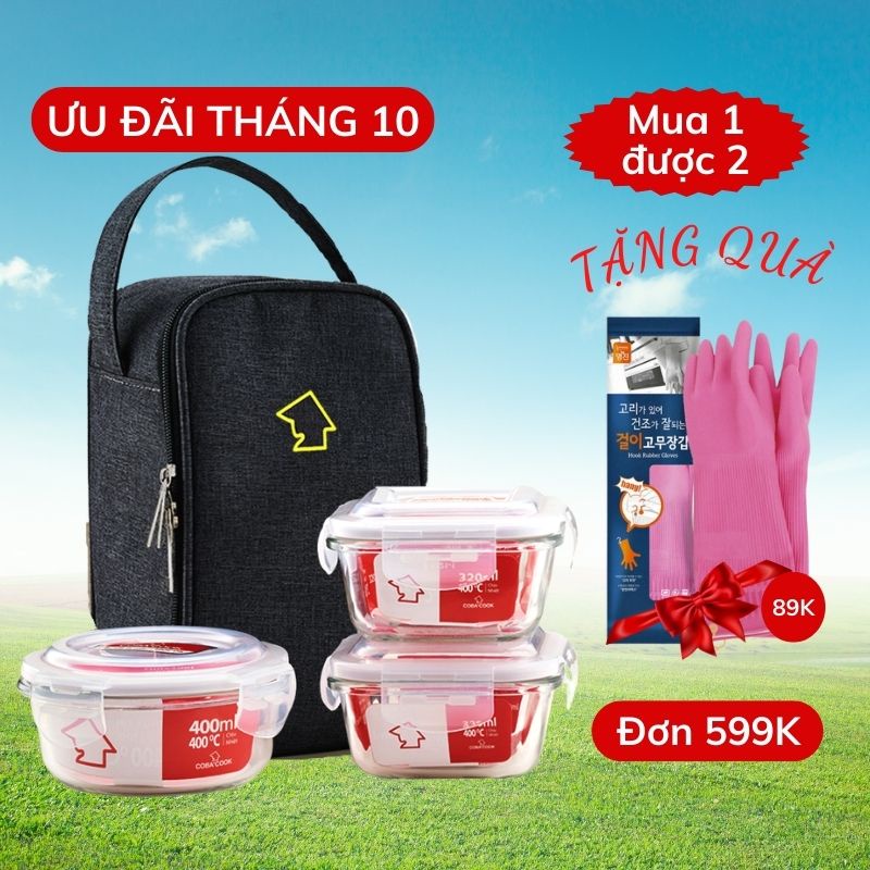 Bộ hộp đựng cơm thủy tinh chịu nhiệt 3 hộp: 2 hộp vuông 320ml,1 hộp tròn 400ml và túi dài- CCS3R43BL