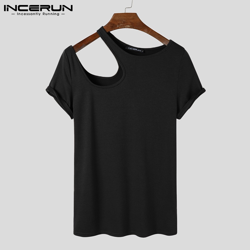 Áo kiểu INCERUN dành cho nam thiết kế tay ngắn cắt lỗ trơn màu thời trang