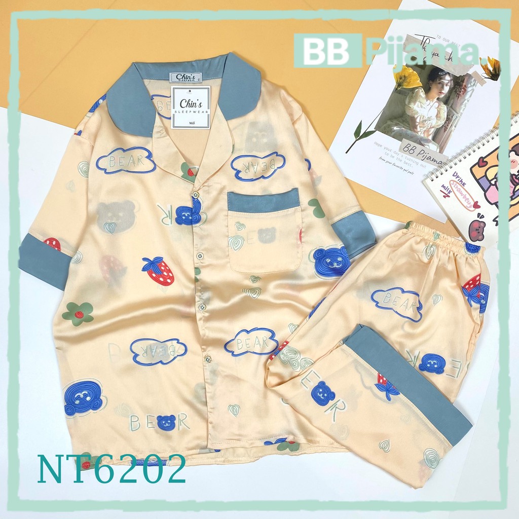 Đồ Bộ Mặc Nhà Pijama Lụa Satin. Đồ Ngủ , Bộ Ngủ Lụa, Họa tiết cực cute!