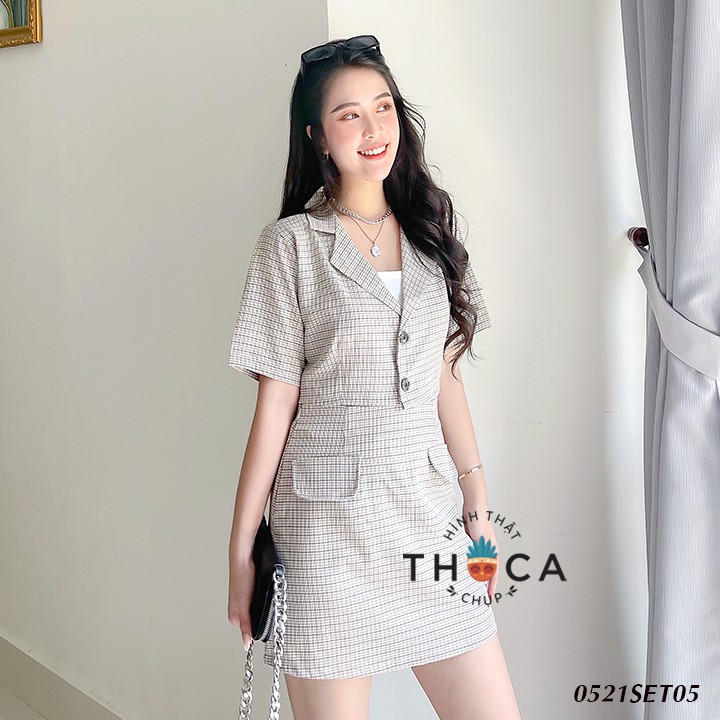 Set áo vest croptop tay ngắn phối chân váy caro kem THOCA HOUSE thanh lịch công sở, sang trọng dự tiệc