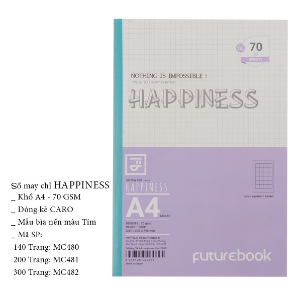 Sổ May Chỉ Dán Gáy Happiness A4- Dòng kẻ Caro- 70GSM- Phong cách Nhật Bản. VPP FUTUREBOOK. Giao mẫu ngẫu nhiên.