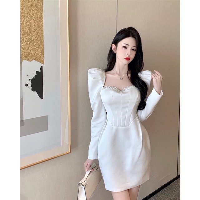 Đầm Váy Thiết Kế Body Ngắn 2 Màu Trắng Đen Phối Đính Đá Phong Cách Sang Chảnh Quyến Rũ Kiểu Mới Dự Tiệc Vải Đẹp Loại 1