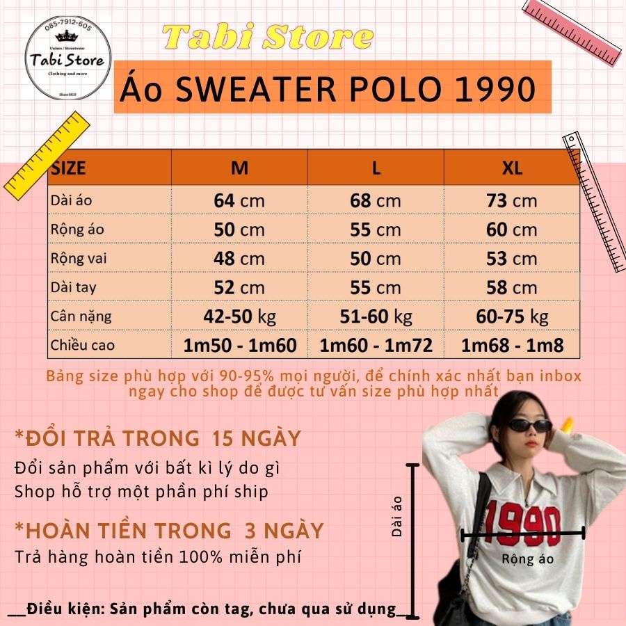 Áo sweater polo unisex  𝑭𝑹𝑬𝑬𝑺𝑯𝑰𝑷  Áo sweater polo dài tay dáng rộng nỉ bông cotton unisex dưới 75kg TABI STORE - 1990