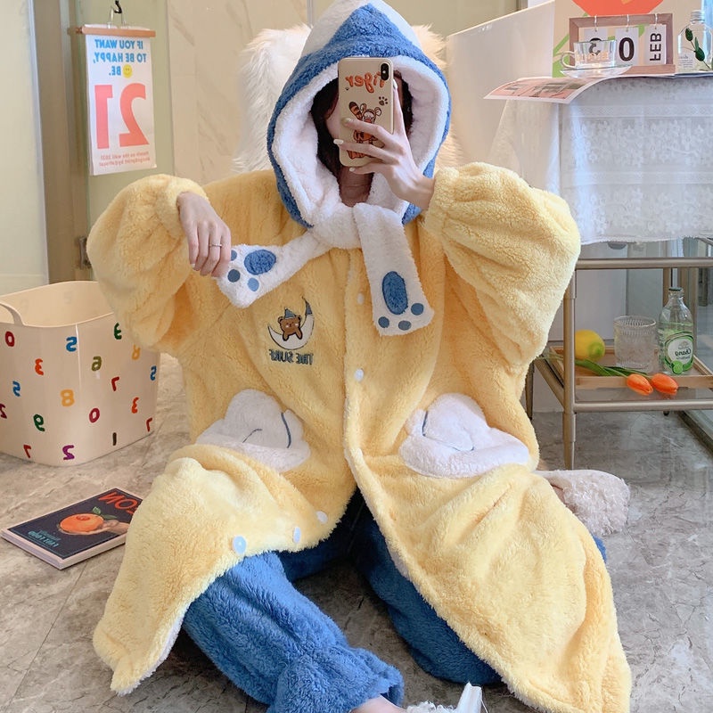 Áo Choàng Ngủ Dáng Dài Chất Nỉ Dày Dặn Phong Cách Hàn Quốc Dễ Thương Thời Trang Thu Đông Cho Nữ | BigBuy360 - bigbuy360.vn