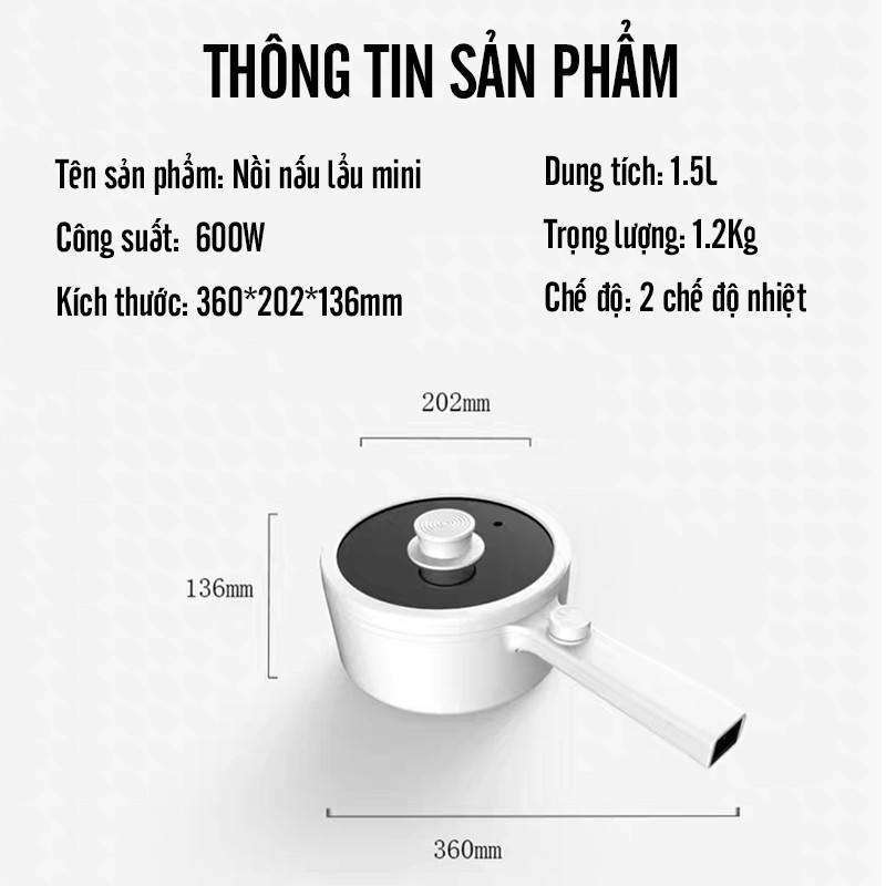 Nồi Lẩu Điện Mini Nồi Nấu Mì Chảo Lẩu Chống Dính Đa Năng Dung Tích 1.5L Công Suất 600W 2 Chế Độ Nhiệt BH 12 Tháng TN01