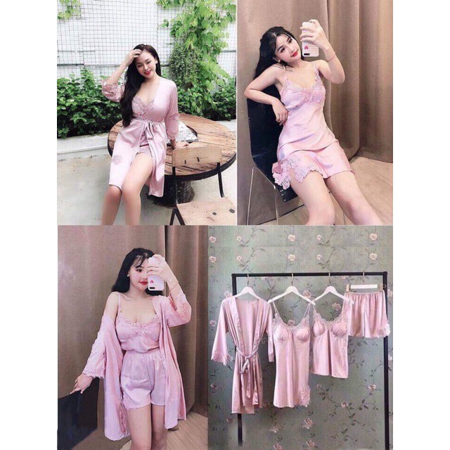 [Sale Sốc] Set đồ ngủ 4 món chất lụa ( Gồm áo hai dây + quần lửng + váy dài + áo choàng)  -Hàng Cao Cấp