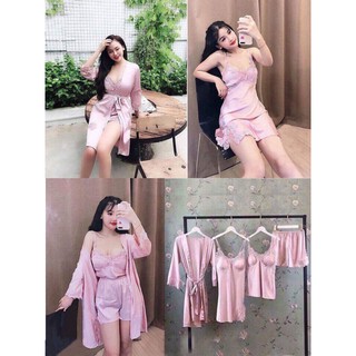 Set đồ ngủ 4 món chất lụa -Hàng Cao Cấp
