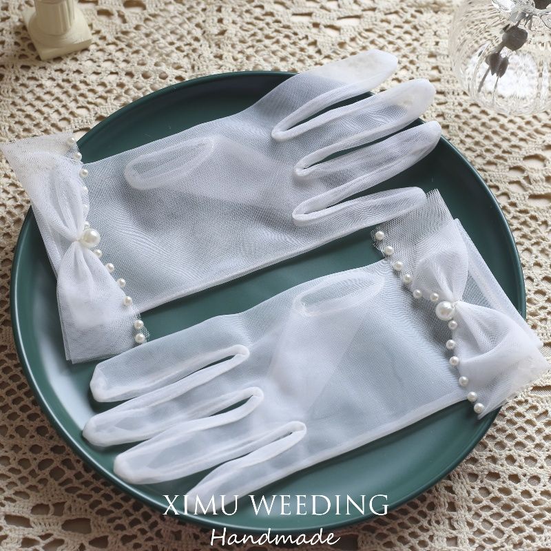 [Aishang Trang Sức Đẹp] Ximu Găng Tay Ren Trắng Thắt Nơ Ngắn Đính Ngọc Trai Cho Cô Dâu Đám Cưới Hàn Quốc